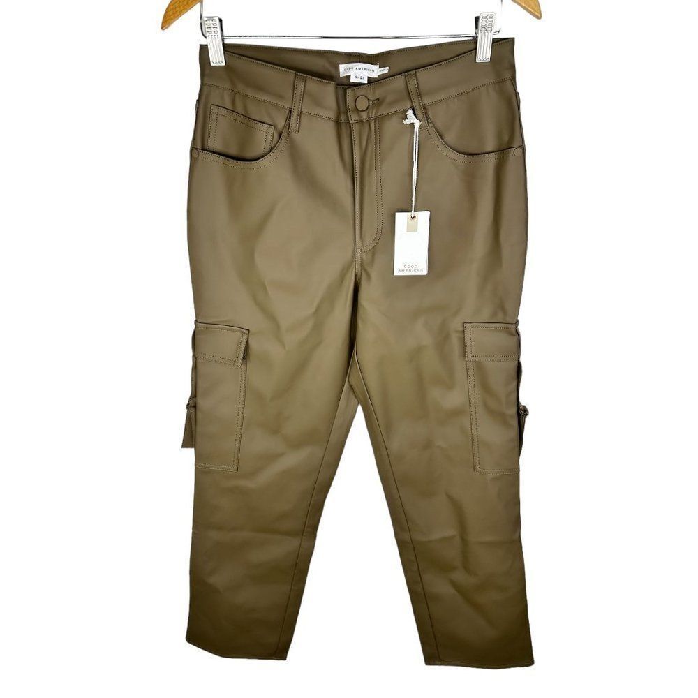 Good American Good '90s Trooper Pant Faux Leather,Fog/Brown, Size 4 GNTJN40